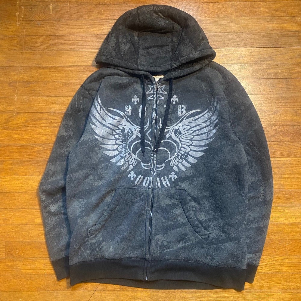 Route 66 Mens Lined Zip Up Hoodie Grey Silver Wing Graphic Y2K Biker Large